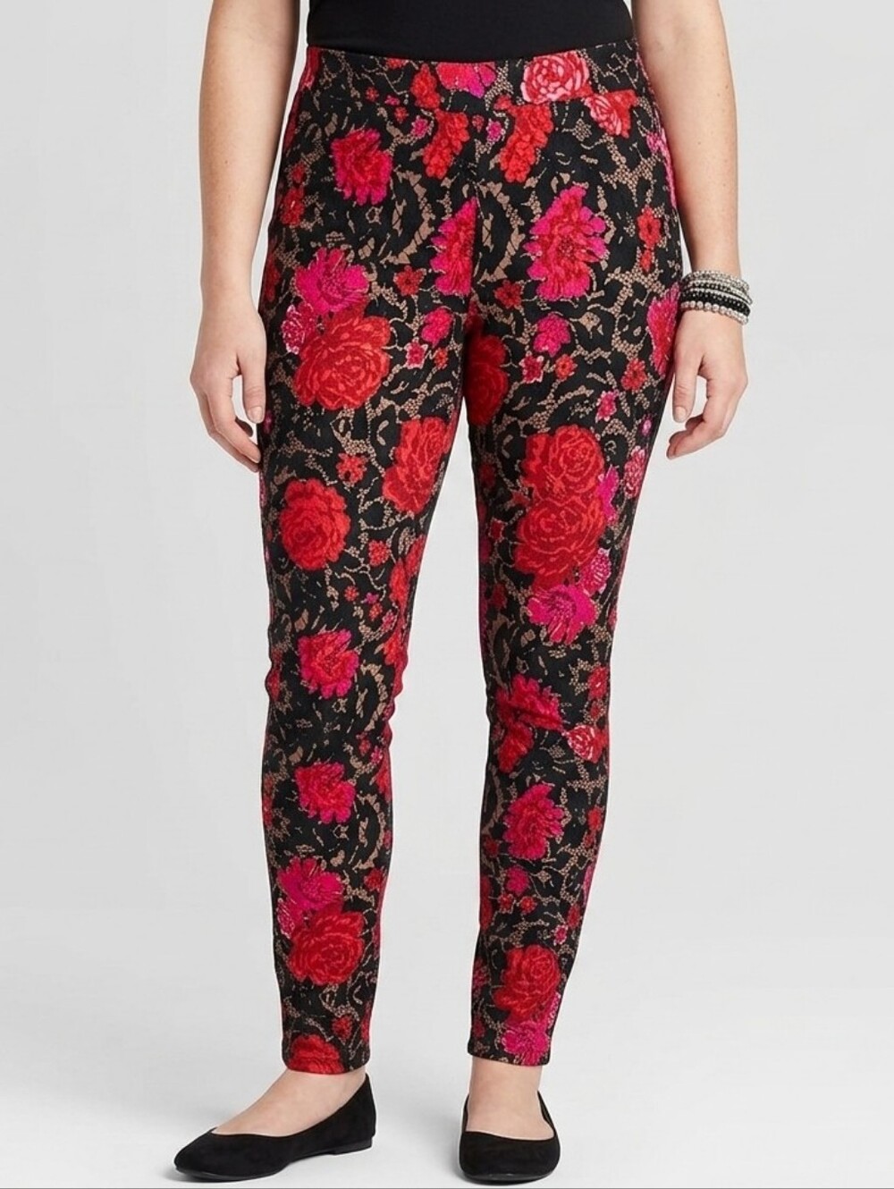 Venus Red/Black/Pink Floral & Lace Print Leggings Size L Stretchy Flattering - Picture 1 of 9